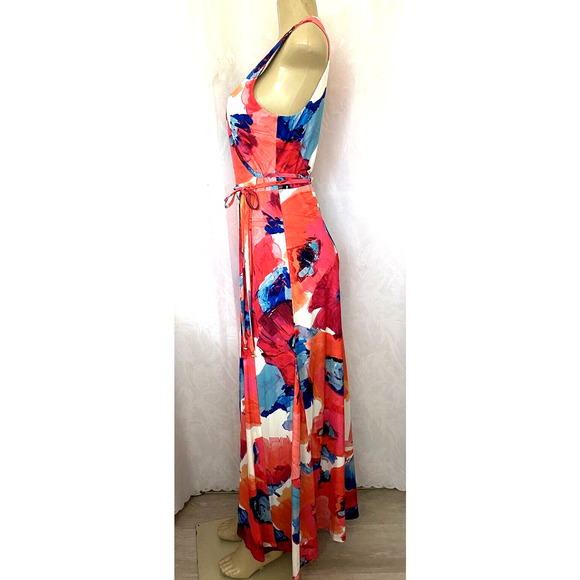Trina Turk Maxi Floral Wrap Dress Sleeveless V Neck Red Blue Full Length… - Picture 2 of 8